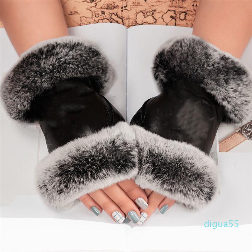 

designer Luxury leather gloves and wool touch screen rabbit skin cold resistant warm sheepskin parting finger3152