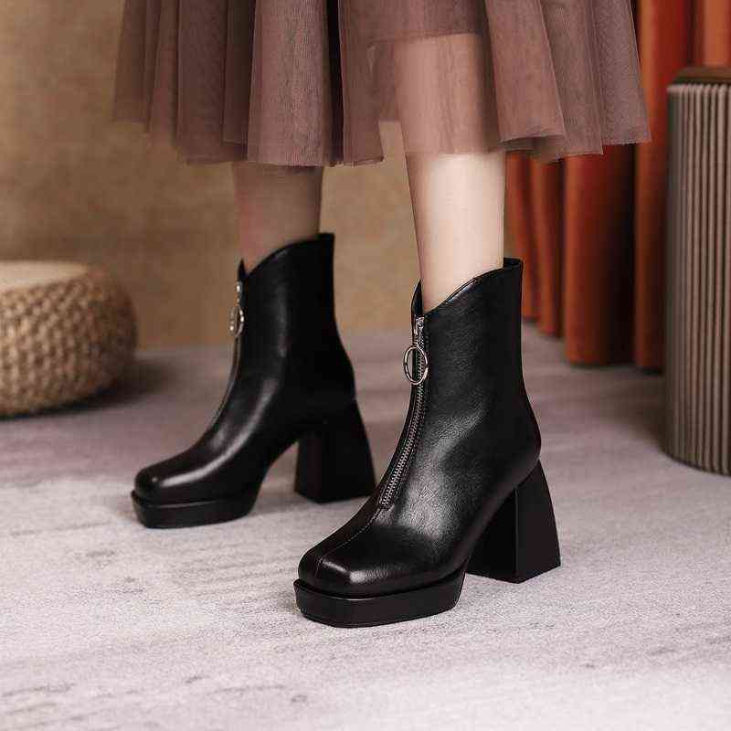

Boots New Punk Style Microfiber Zipper Leather Shoes Woman Ankle Boots Autumn Winter High Heels Black Thick Platform J220805