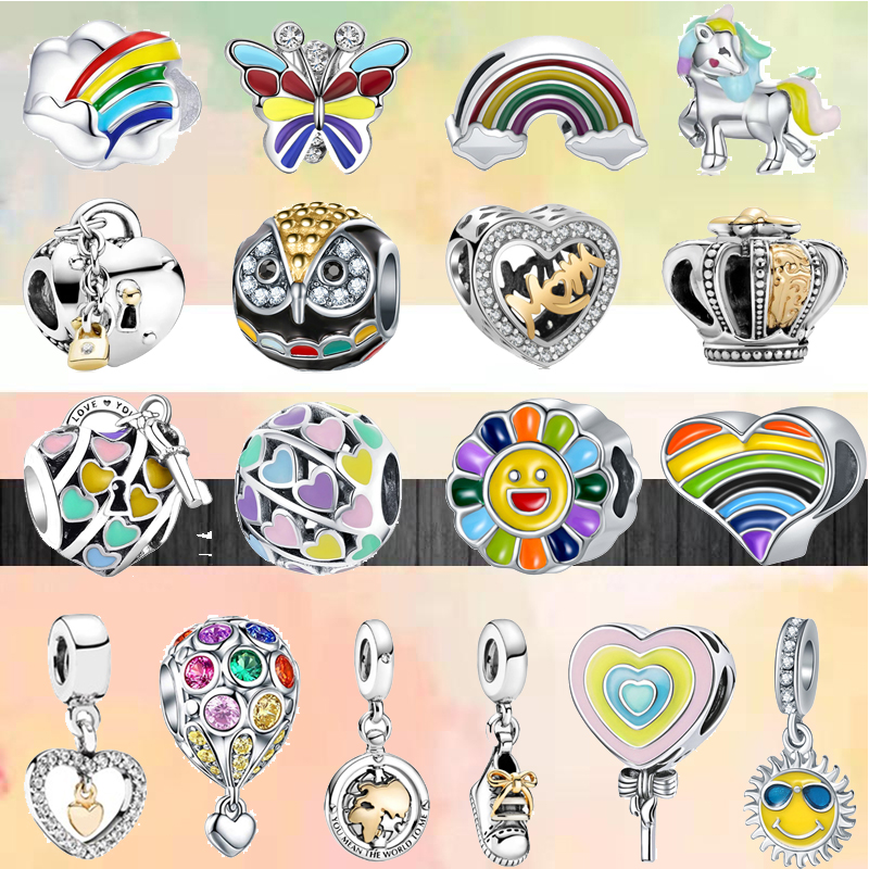 

Fit pandora charms 925 bracelet Bead Original box Rainbow Flowers Heart Golden Sun Crown Unicorn European charm jewelry