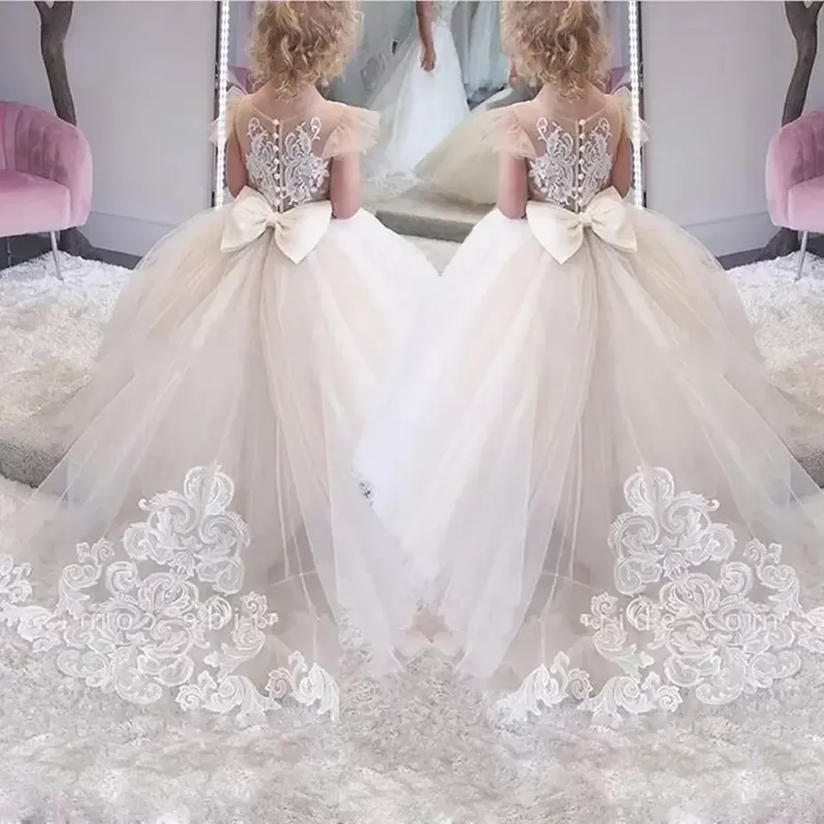 Robe de fiesta fille robe dentelle Tulle nœuds enfants première Communion robe de mariée princesse robe de bal robe de soirée