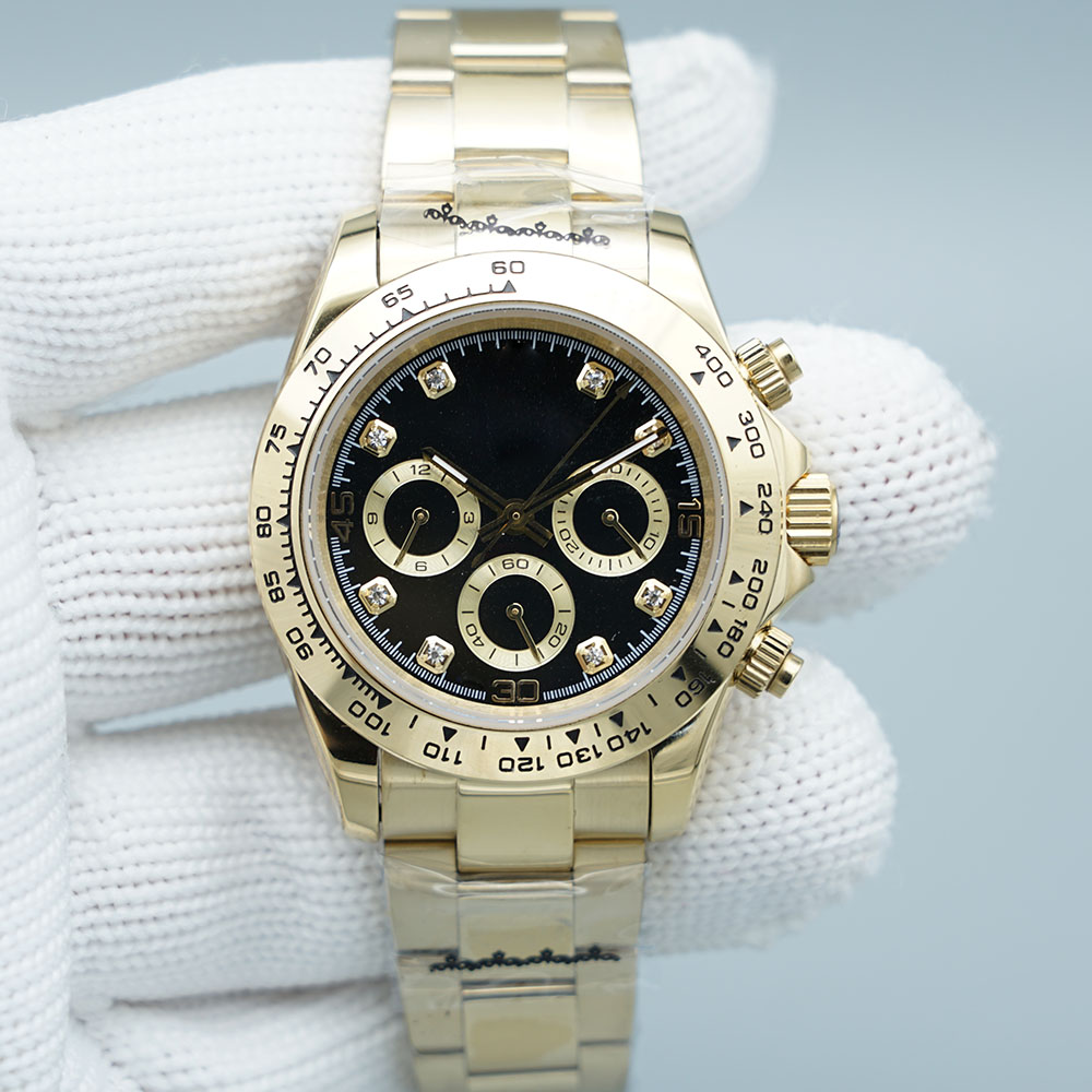 

ST9 Steel Quality Watch Subdials Working 40mm Automatic Mechanical Movement Sapphire Glass Mens Ceramic Bezel Watches Cosmograph Black Diamond Dial Yellow Gold, Customize