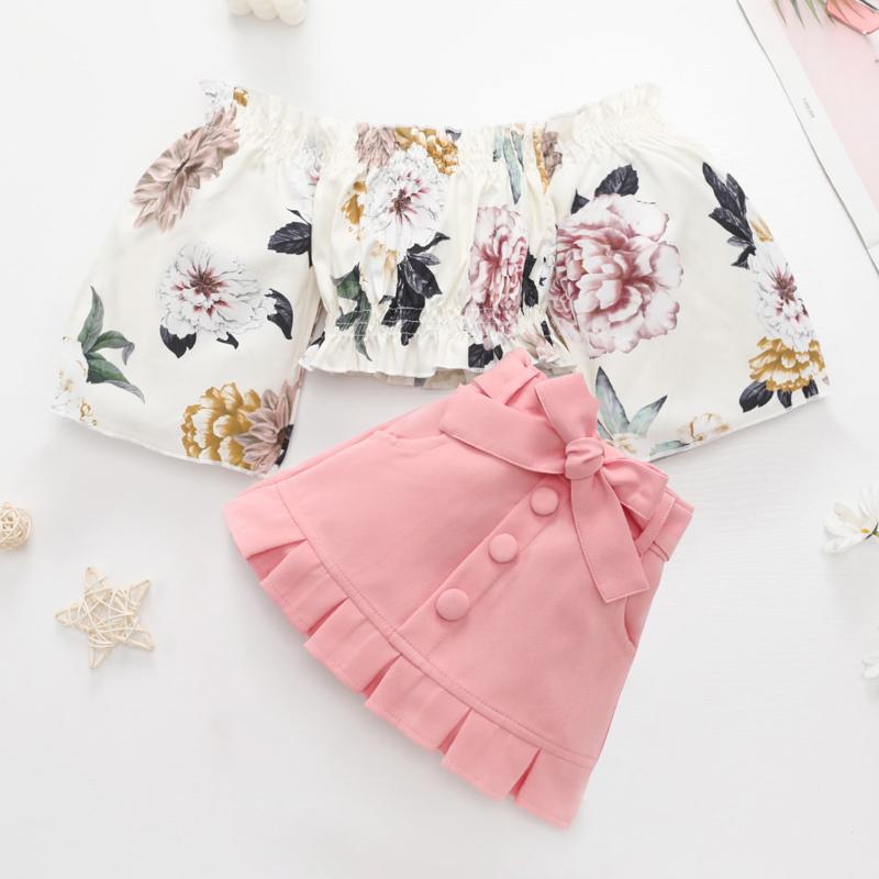 

Clothing Sets Kids Girls Set Clothes Summer Short Sleeve Off Shoulder Floral Ruffle T Shirt Tops Bow Pleated Skirt 2PCS Baby SuitClothing, Gn