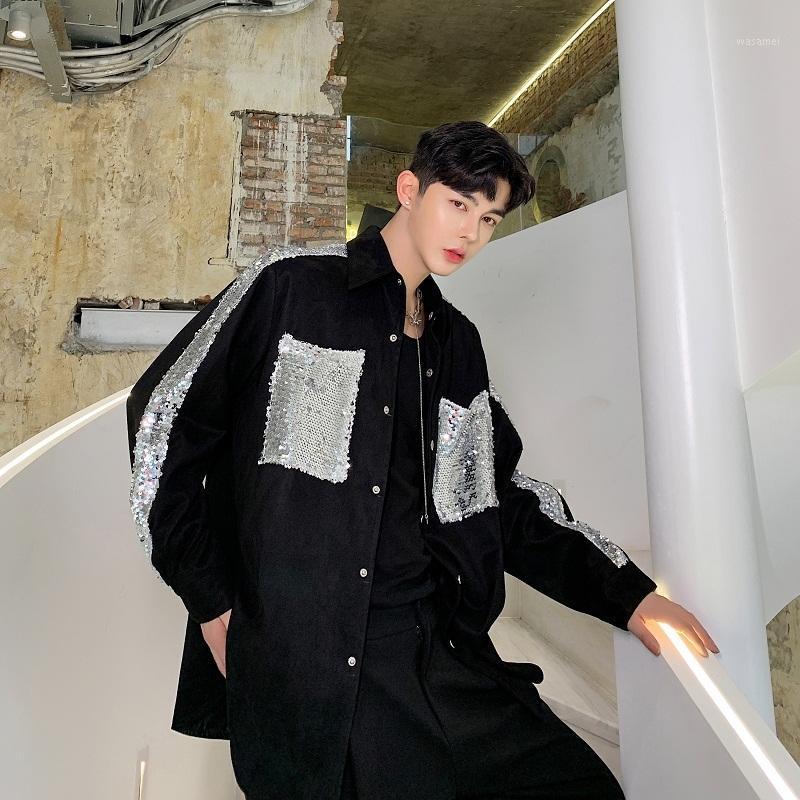 

Suede 2022 Casual Fabric Shirts Coat Male Women Vintage Streetwear Men Sequins Splice Long Sleeve Loose Hip Hop Shirt Outerwear Men's, Black