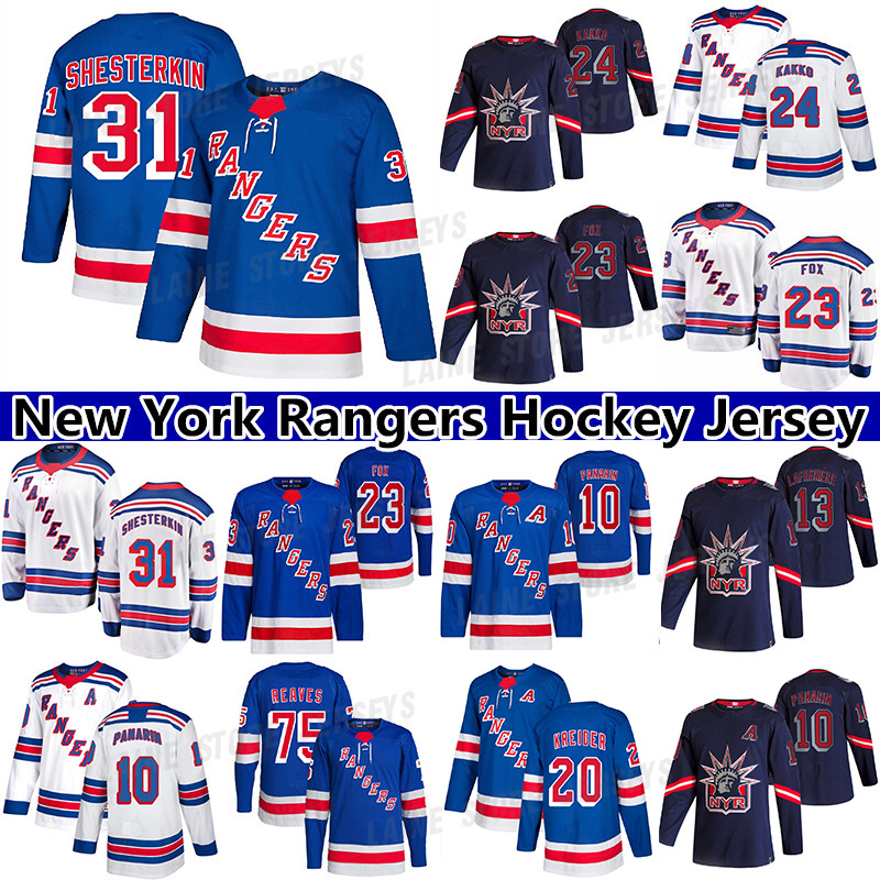 

New York Ranger hockey jersey 23 Adam Fox 10 Artemi Panarin 24 Kaapo Kakko 75 Ryan Reaves 93 Mika Zibanejad 11 Mark Messier 20 Chris Kreider 31 Igor Shesterkin jerseys, Blue