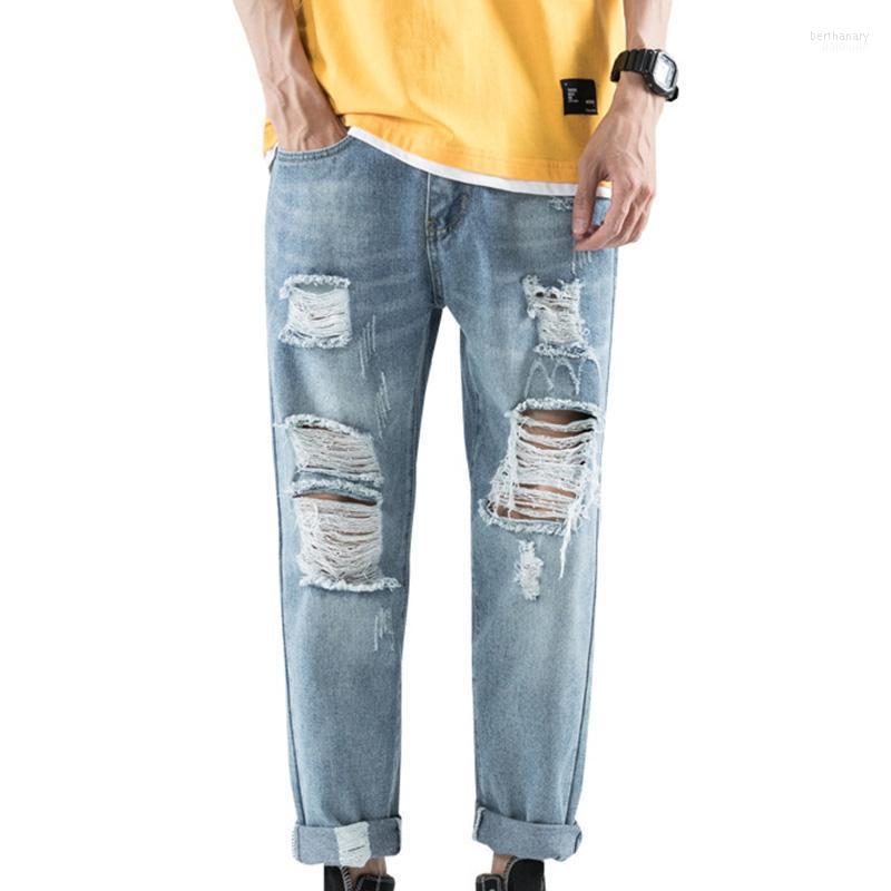 

Men's Jeans Spring And Summer Nine-Point Self-Cultivation Ripped Feet Stretch Casual Trousers Bert22, Blue