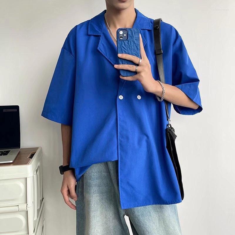 

Men's Casual Shirts Summer Short Sleeve Shirt Men Fashion Society Mens Dress Korean Loose Black/Blue/White Ice Silk ShirtMen's Eldd22