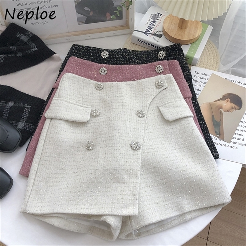 

Neploe Autumn Temperament Bright Silk Short Trousers Women Double-breasted High-waist Tweed A-line Casual Skirt Shorts Woman 220419, Pink