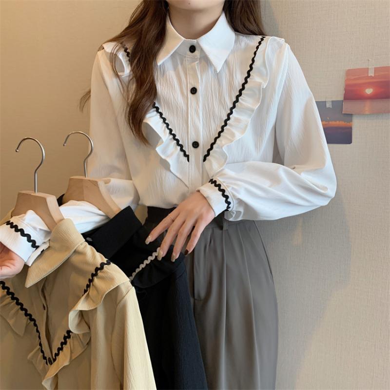

Women's Blouses & Shirts Loose Turn Down Collar Long Sleeve 2022 Spring Korean Version Shirt Women Blusas Mujer De Moda Ruffle Ladies Tops 8, Beige