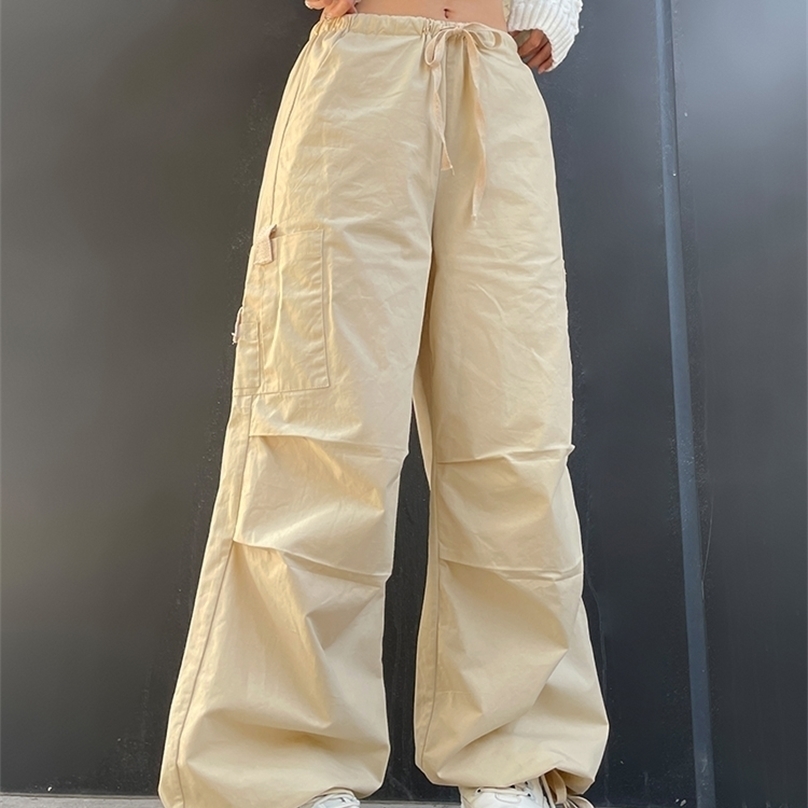 

Weekeep Light Khaki Cargo Streetwear 100% Cotton Big Pocket Patchwork Casual Pants Drawstring Low Waist Baggy Trouser Lady 220811, Auburn