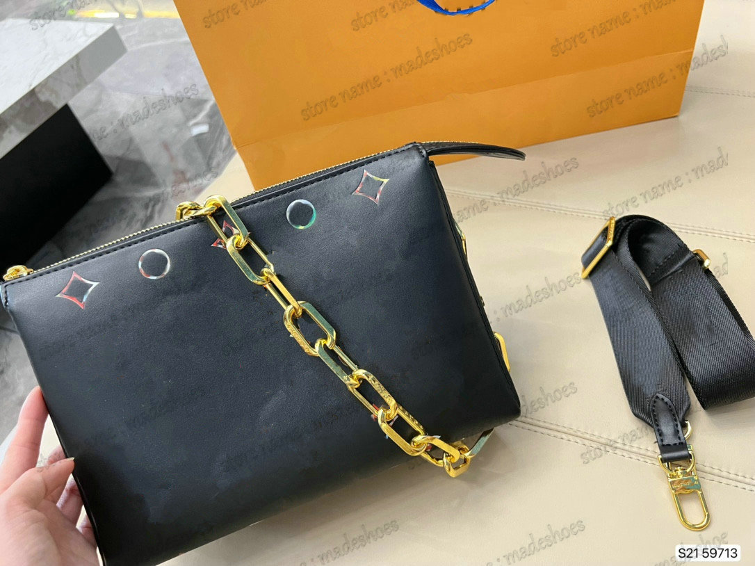 

COUSSIN PM Shoulder Bag M21353 Navy Blue M21209 White Puffy Leather Chain CrossBody Embossed Monograms Fall Winter 2022 Designer Handbag Discreet Floral Pattern