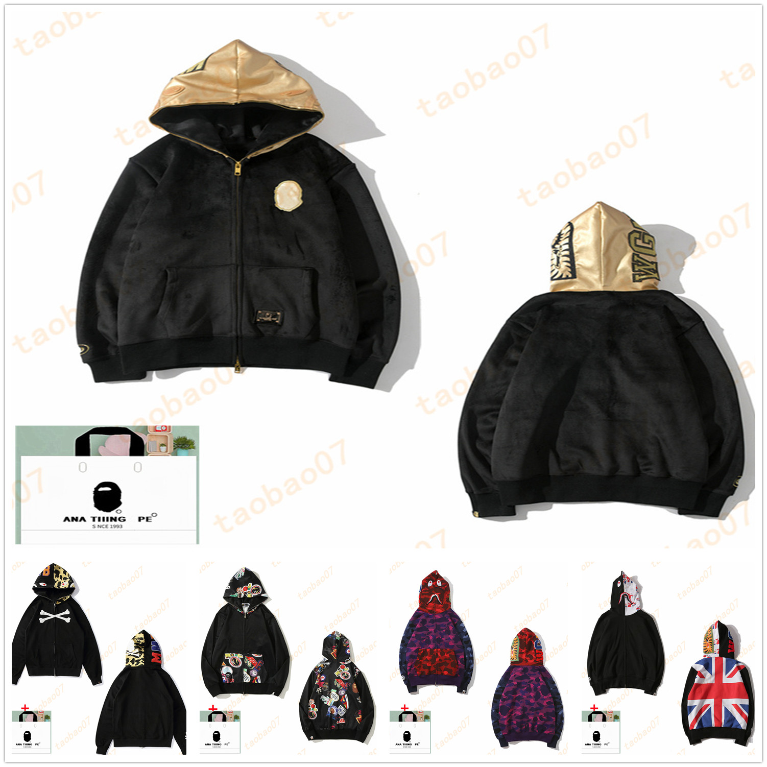 

ape hoodie mens designer hoodie men hoodies double cap clothes shark hoodys luminous sweaters Reflective oversize Fleeces camouflage sweatshirts cardigan B01, 1pcs buttons