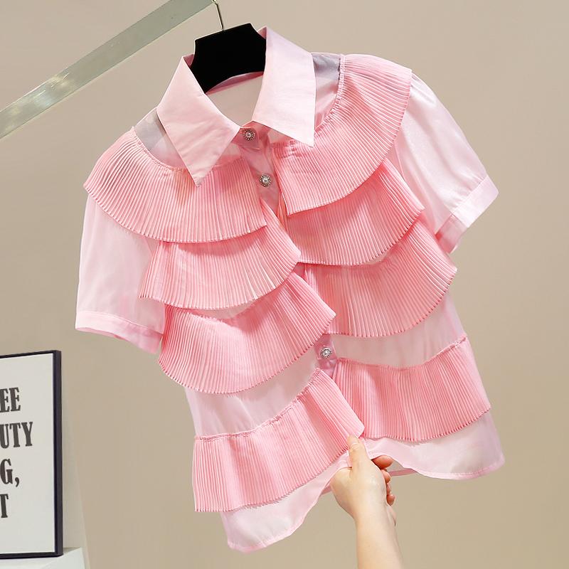 

Women' Blouses & Shirts Summer For Women Short Sleeve Chiffon Blouse Sweet Pleated Ruffled Organza Shirt Female Elegant Versatile TopWomen, White