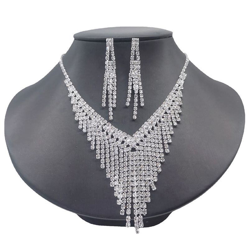 

Fashion Women Crystal Bride Necklace Earring Jewelry Set Rhinestone Silver-plated Wedding Dress Banquet Ladies Gift