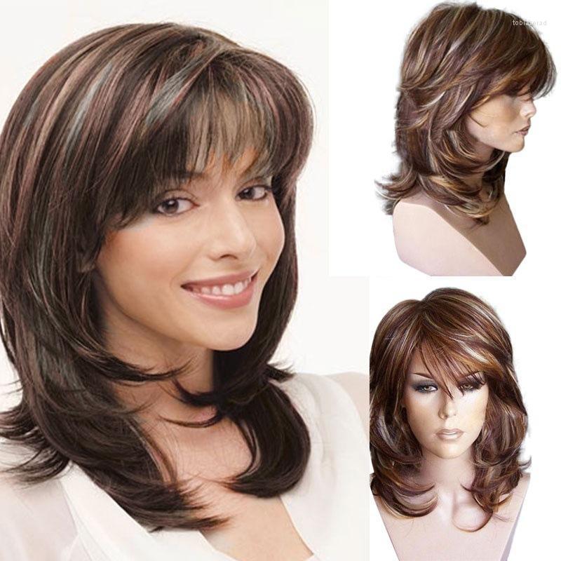 

Synthetic Wigs SuQ Medium Long Wig For Women Women's Hair Mixed Brown And Black Wavy African Female Haircut Puffy Natural Tobi22, As pic