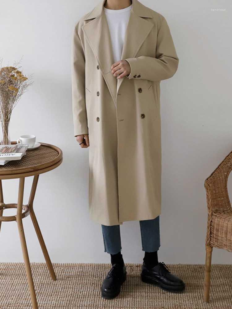 

Men's Trench Coats Spring Men British Style Long Coat Belted Double Breasted Autumn Windbreaker Fashion Straight Loose Fit Khaki Kend22