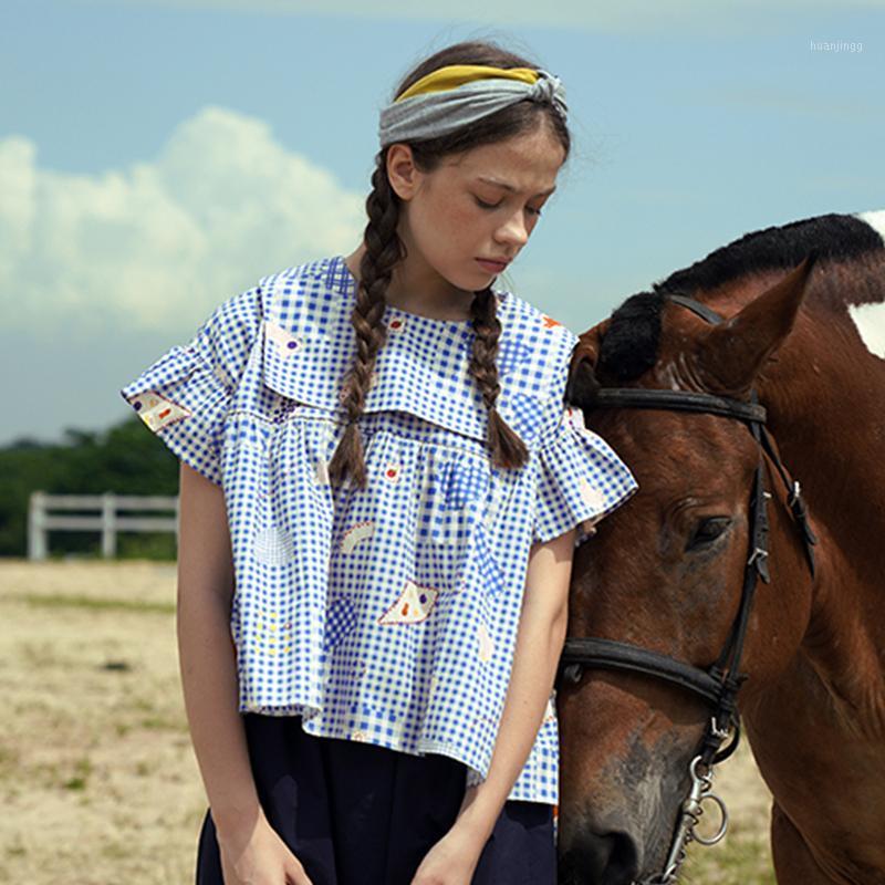 

Summer Sweet Loose Design Women Chiffon Blouse Cute Plaid Printed Cartoon Bow Tie Sailor Collar Ruffles Short Sleeve Women' Blouses & Shirt, Blue