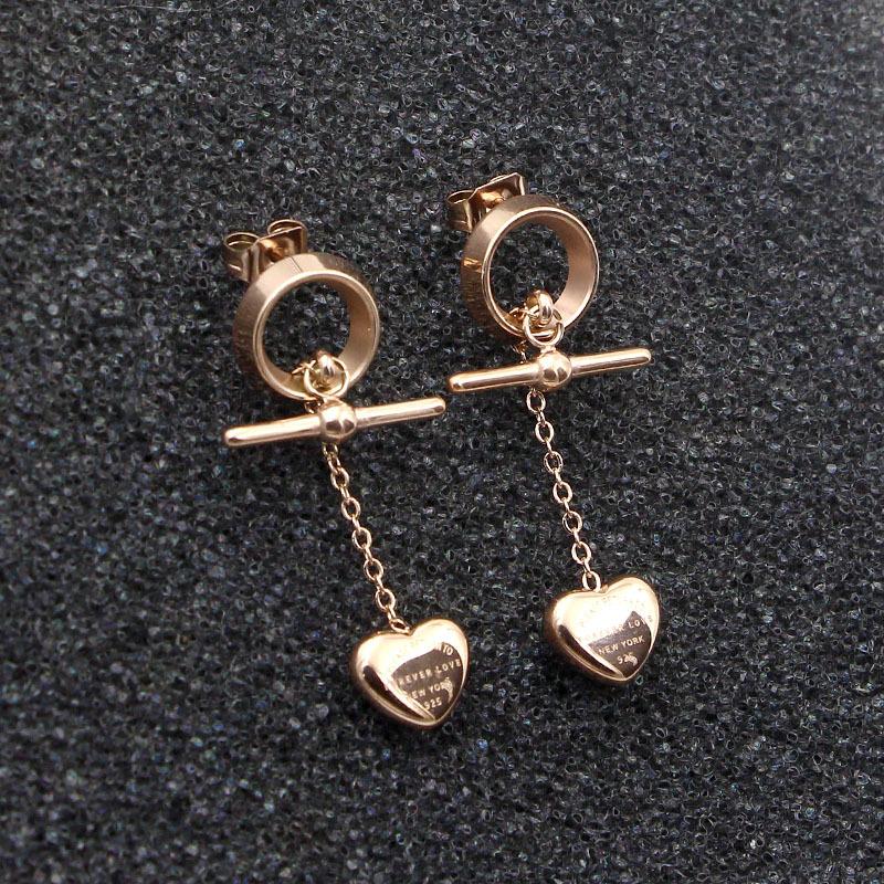 

Stud Round Ring Peach Heart Tassel Titanium Steel Rose Gold Earrings Fashion Girls WholesaleStud
