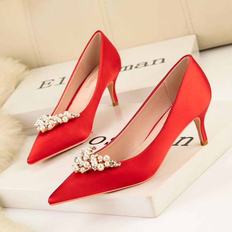 

Dress Shoes Bridal Red Wedding Party Women Pearl Pointed Toe Satin Pumps Black Bridesmaid Sexy Thin Heels Ladies 6cm High, 6cm black