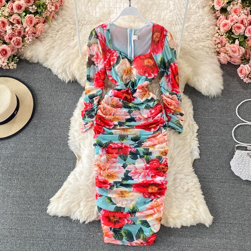 

Summer Runway Rose Flower Sexy Bodycon Midi Party Club Dresses Women Square Collar Puff Sleeve Sheath Stretch Draped Robes, Color 3