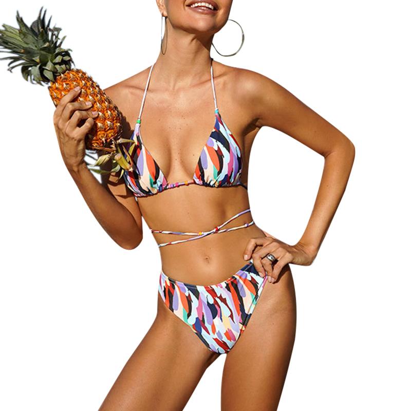 

Women' Swimwear Women Bikini Set Colorful Lacing Halterneck Backless Bra With Low Waist Briefs Bathing Swimsuit Beach SwimwearWomen, Multi