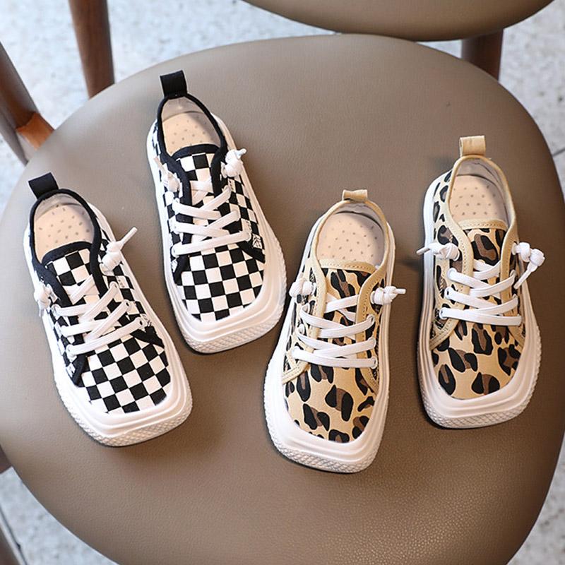 

Athletic & Outdoor Kids Sneakers Lace Up Casual Shoes Leopard Girls Canvas Square Toe Boys Seaker Black White Plaid Run Flats Children 1-14y