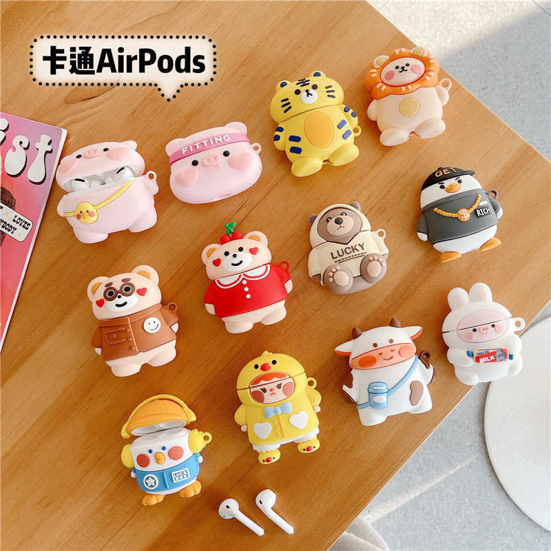 Pour étui AirPods, cochon d'animal mignon / boîte de canard / lion / tigre pour AirPods 1/2 cas, couverture d'écouteurs en silicone doux pour Air
