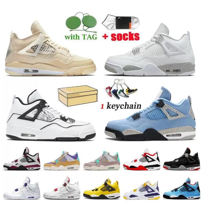 

High 4s 4 Basketball shoes University blue white oero shimmer Black Cat Lightning union noir Fire red bred Pure Money metallic purple green sneakers 5.5-13, Box