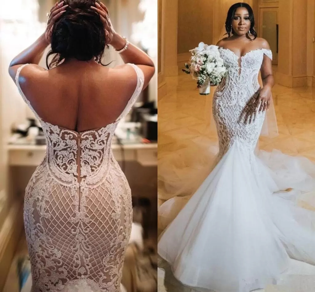 

Sexy Off the Shoulder Mermaid Wedding Dresses 2022 Arabic Aso Ebi Lace Backless Vestidos De Novia Court Train Plus Size Bridal Gowns C0609G06, Same as image