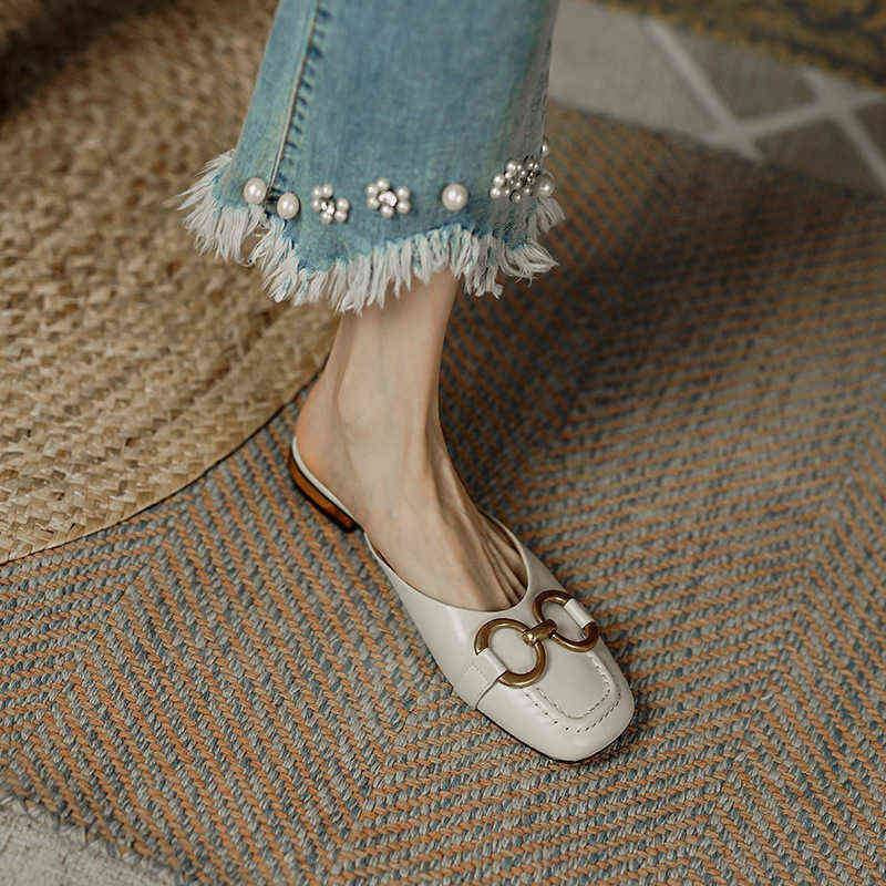 

Dress Shoes All-match Half-slipper Women's Summer Outer Wear Fashion 2022 New Horsebit Square Head Lazy Flat Muller 220714