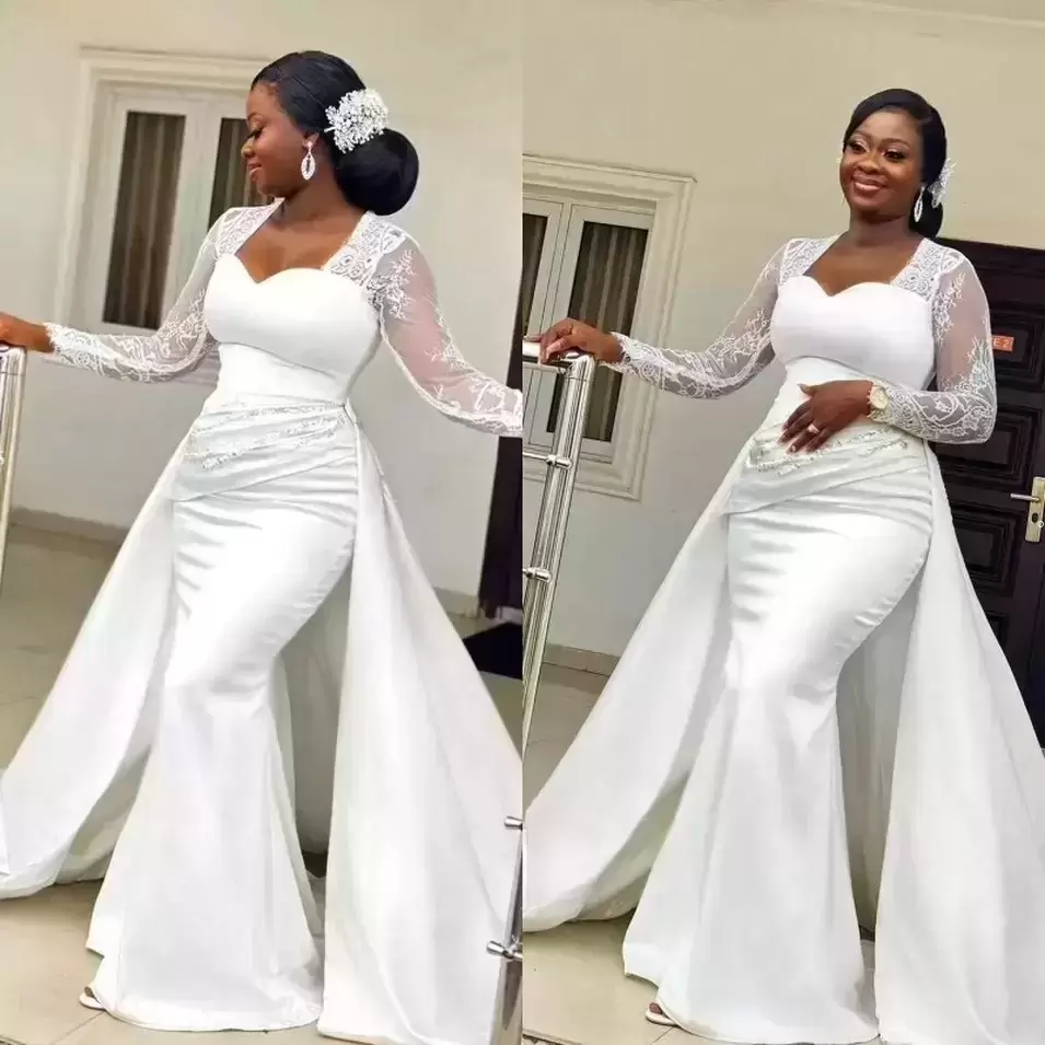 

2022 Mermaid Wedding Dresses Bridal Gown with Overskirt Lace Applique Long Sleeves Ruched Pleats Custom Made Plus Size Sweep Train vestido de novia, Champagne