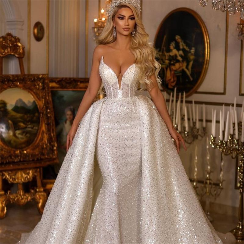 

Vintage Mermaid Wedding Dresses 2022 Elegant Bridal Gowns with Detachable Train Mermaid Sequin Stylish Robe De Soirée, Blue