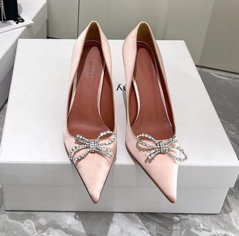

Satin Bow Pumps 90mm Crystal-Embellishments rhinestone shoes spool Heels Step in for women heeled Luxurys Designers Dress shoe Evening Slingback factory footwear, Black