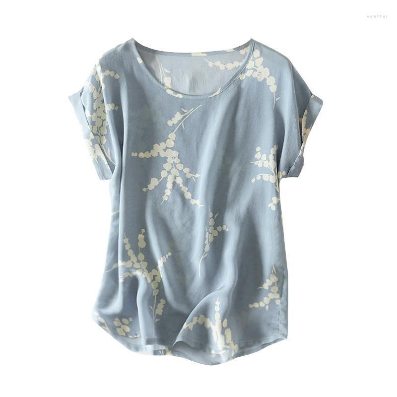 

Women's Blouses & Shirts Women Summer Silk Blouse O Neck Short Sleeve Office OL Casual Natural Striped Real Basic Shirt TopsWomen's Vere22, Blue