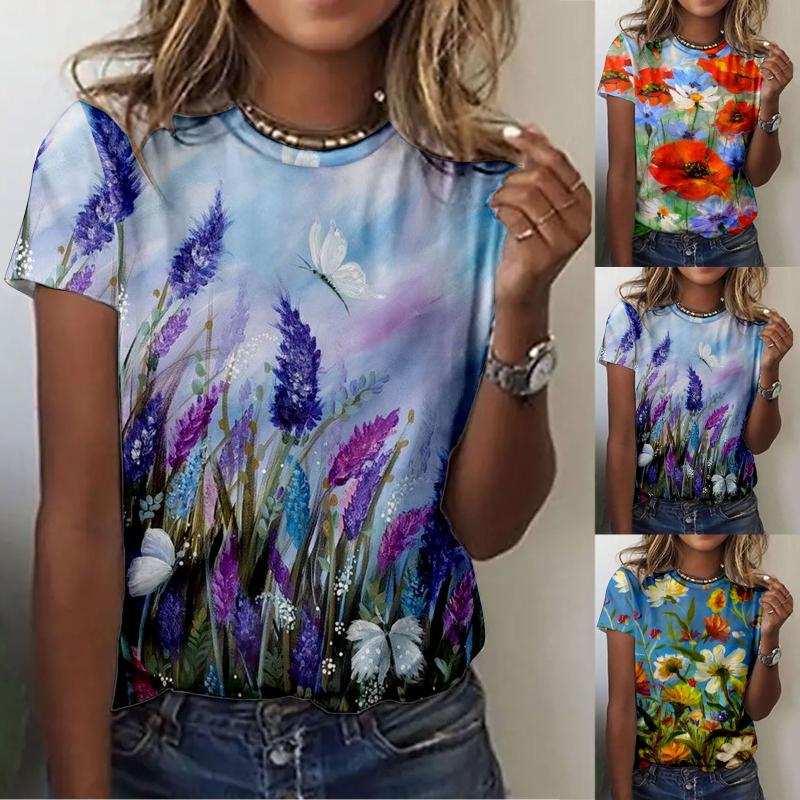 

Women' Blouses & Shirts Harajuku Streetwear Women Summer Casual Loose O Neck Floral Printed Short Sleeve Tops Tee Female BlousesWomen, Bu