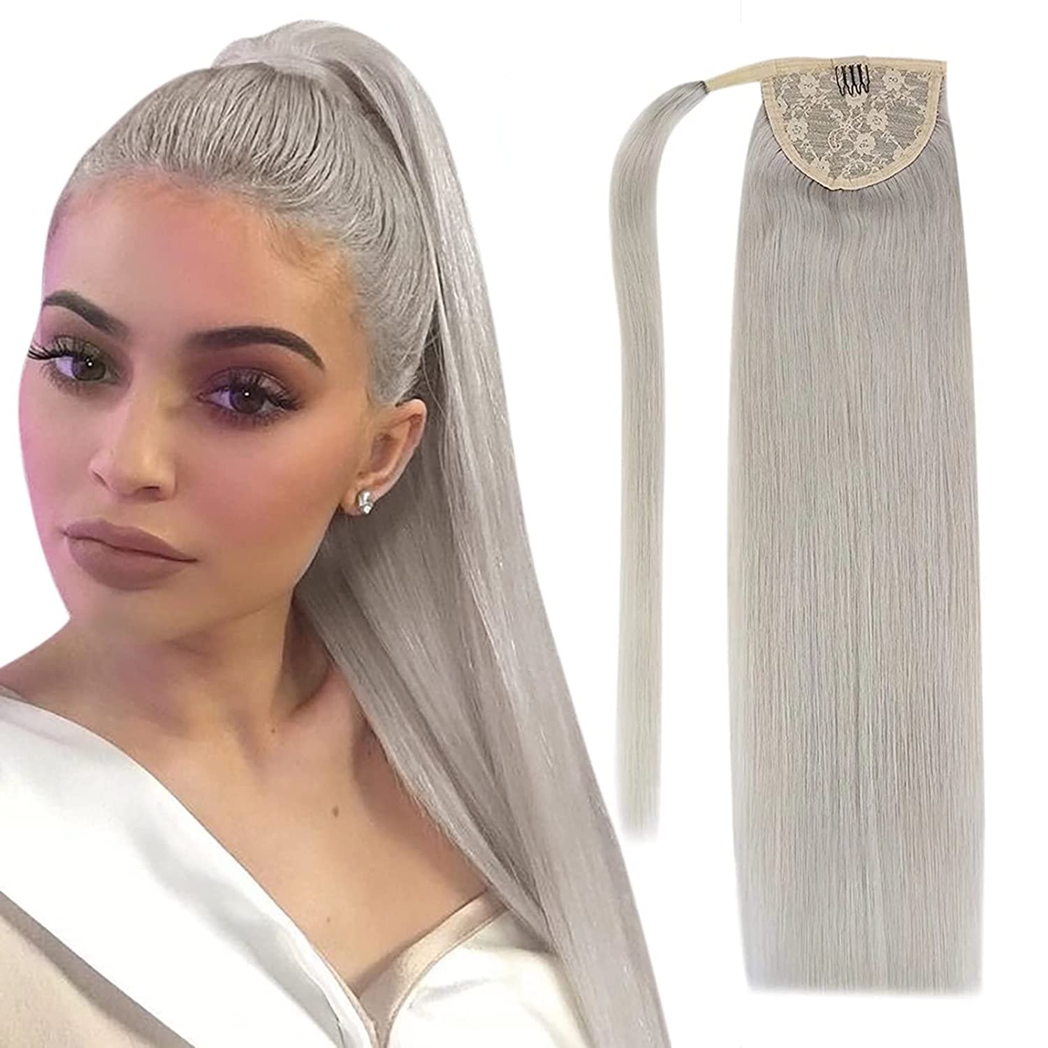 

Grey Clip-in Hair Extensions 20 Inch Silver Blonde Human Ponytail Extensions Clip Ins Invisible Silky Straight for Women 120 Grams One Pack
