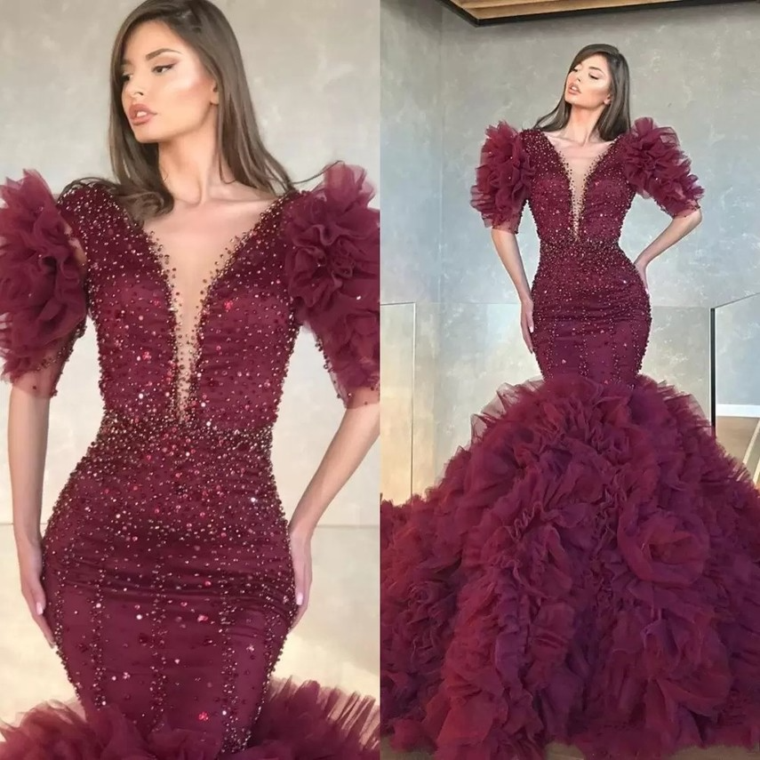 2022 arabe Aso Ebi sirène robes de soirée porter pour les femmes col en V demi manches cristal perlé volants étage longueur robe de bal robes de