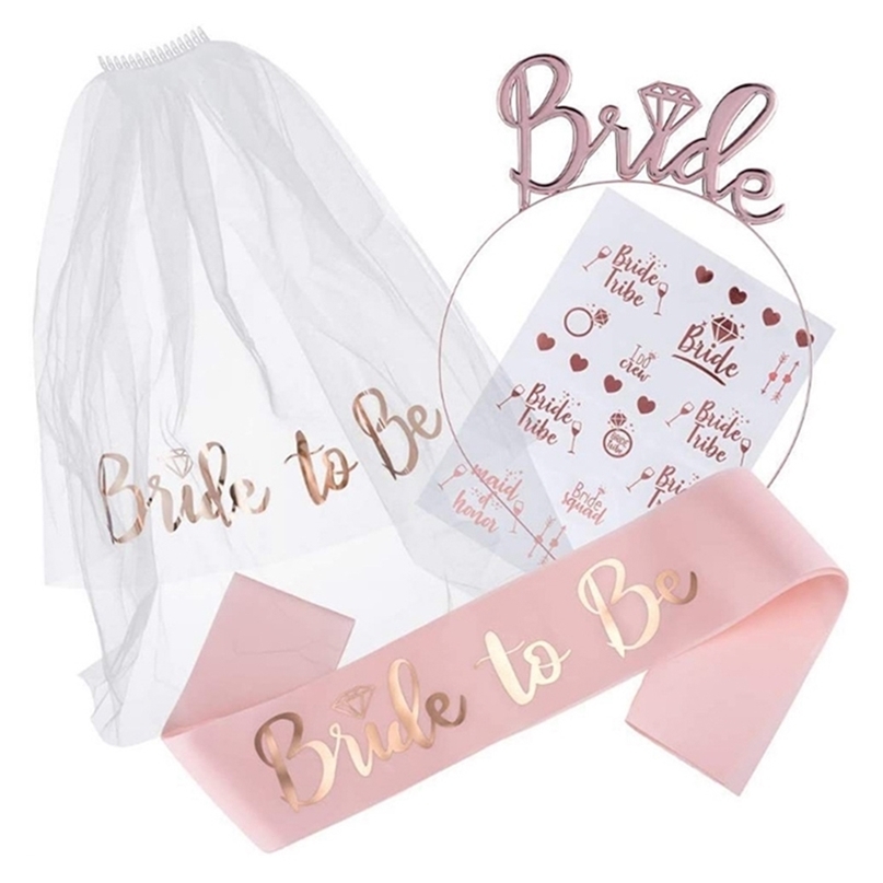 

1Set Bride To Be Veil Satin Sash Hiarband Bridal Shower Wedding Decorations Tattoo Stickers Hen Bachelorette Party Supplies 220804
