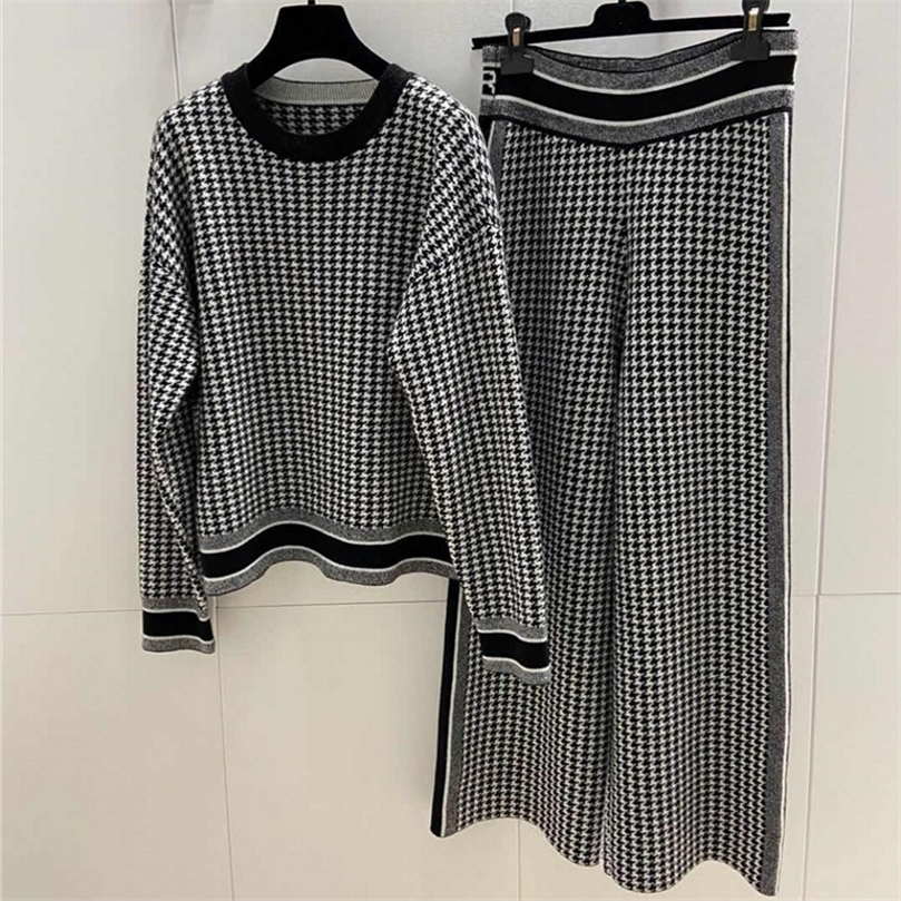 Autumn Winter Elegant Stretch Knitted Houndstooth Sweater Top High Waist Wide Leg Pants 2 Piece Suit Tracksuit Womens Set 220817