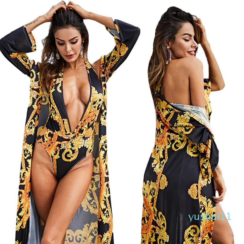 

Sexy Printing Long Sleeve Cover up women  designer bathing suit Two Piece Set One Piece v neck Swimsuit sexy swimwear327g