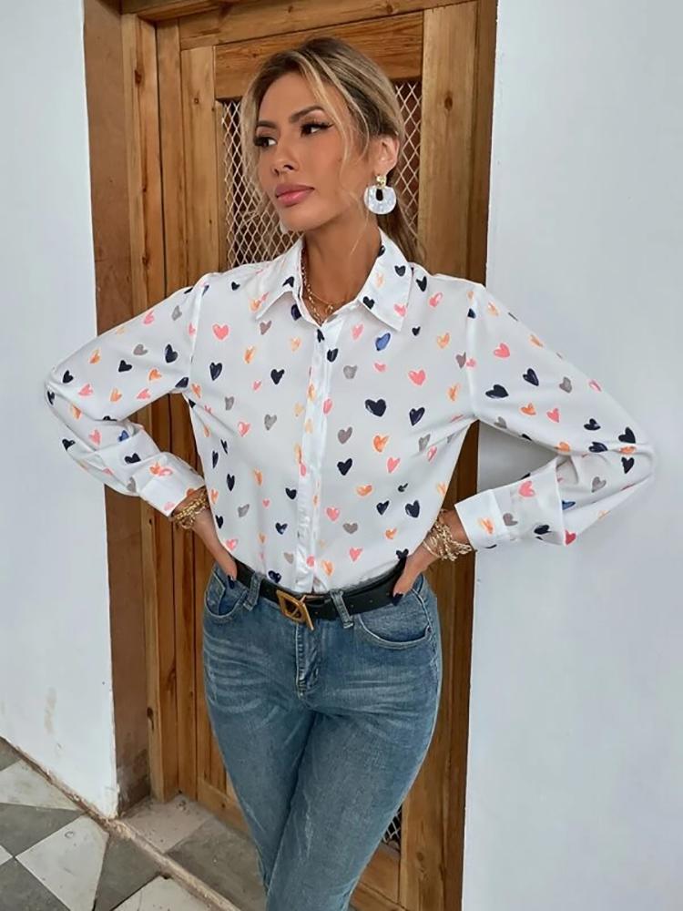 

Women's Blouses & Shirts Arrival Women Heart Print Blouse Fashion Turn-Down Collar Button Lon Sleeve Casual Office Lady Chic Top Female Blou, Small butterfly