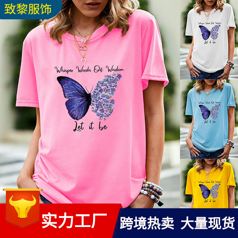 

Flower butterfly pattern printed short sleeve T-shirt for women Europe and The United States fashion round collar large size casual loose girls T-shirt, Pink