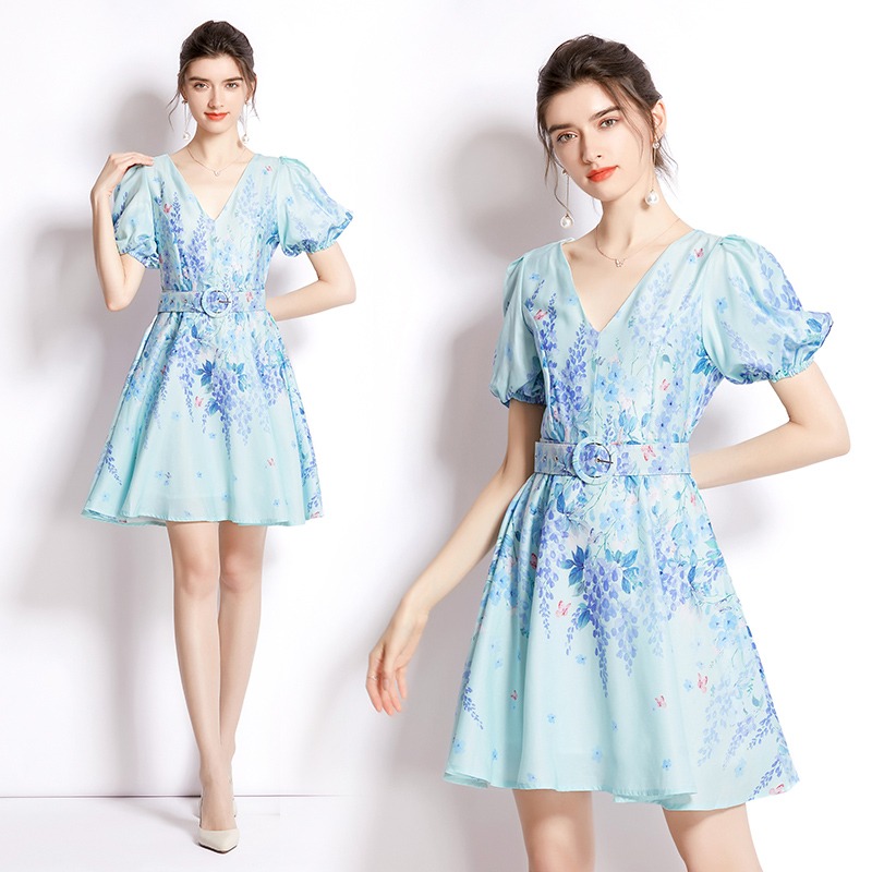 

Dropshipping New Summer Fall Blue Floral Print V-Neck Short Puff Sleeve Women Party Casual Elegant Temperament Belt Tunic A-Line Mini Dress, Xy6902 blue