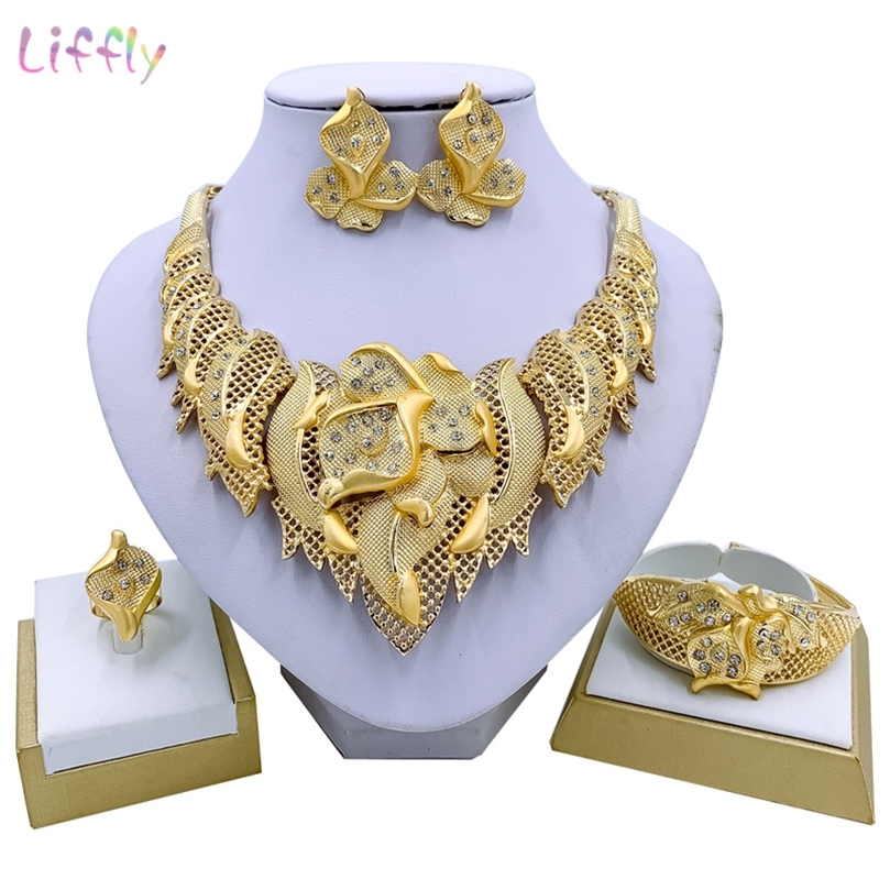 

Liffly Nigeria Party Fashion Jewelry Sets Necklace Bracelet Earrings Ring Allmatch Jewelry Dubai Bridal Wedding Accessories 220712