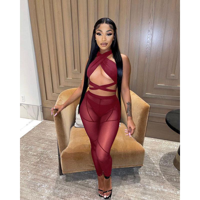 

Women' Two Piece Pants Spring Sexy Three-piece Set Women Mesh Sheer Halterneck Cross Chest Strap Top+Pants Sets Club Outfits Streetwear Who, Black