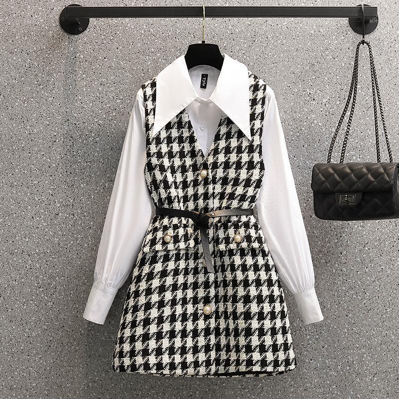 Robes décontractées grande taille femmes bureau dames costume Plaid Tweed gilet robe et chemise blanche haut deux pièces ensemble 2022 automne vê