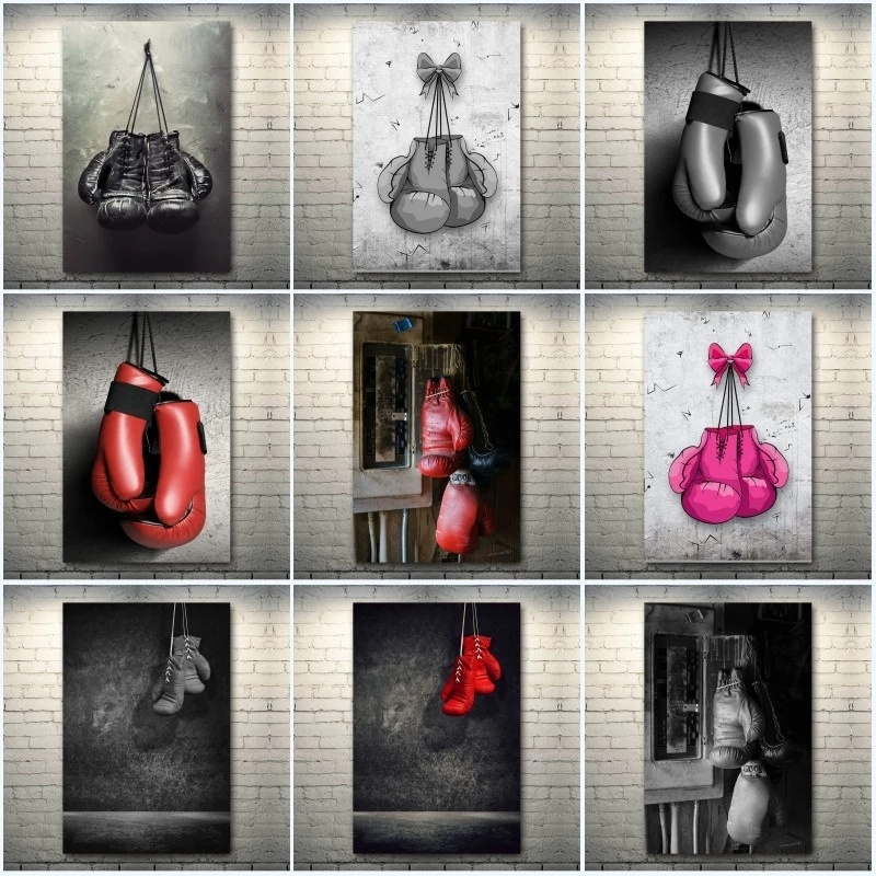 

Boxing Gloves Vintage Canvas Painting Black White Posters Prints Wall Art Sport Picture for Living Room Boxer Room Home Decor