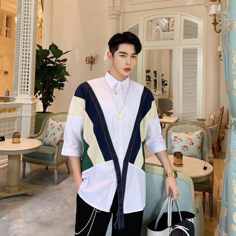 

2XL!Summer Tide Stripe Contrast Color Stitching Men's Loose Seven-point Sleeve Shirt Hair Stylist Short-sleeved Shirt. Casual Shirts