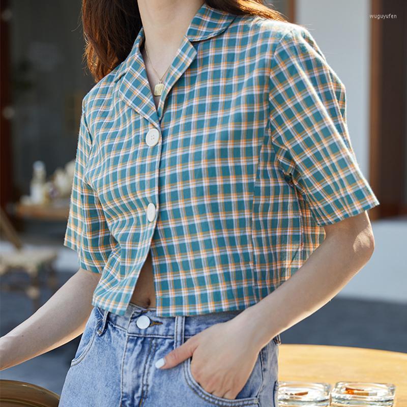 

Women' Blouses & Shirts LJSXLS Vintage Plaid Blouse Fashion Notched Collar Short Top Mujer Summer Small Fresh Sleeve Women Clothes 2022, Green