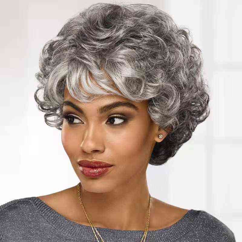 

wig middle aged and old women's mother fashion reverse curl short set 220816, Black