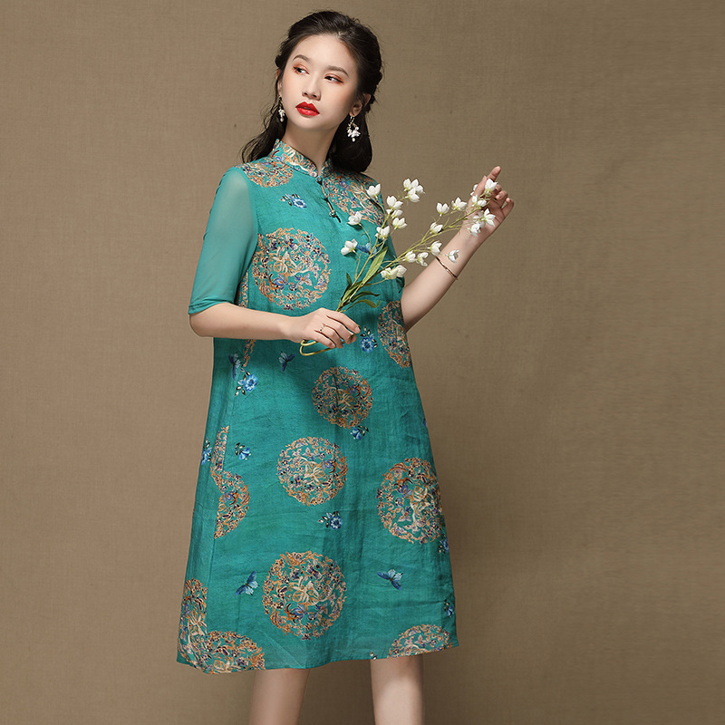 

Women ethnic casual Dress Print butterfly pattern clothing cotton linen summer half sleeve gown Vintage cheongsam Asian Dresses, Blue